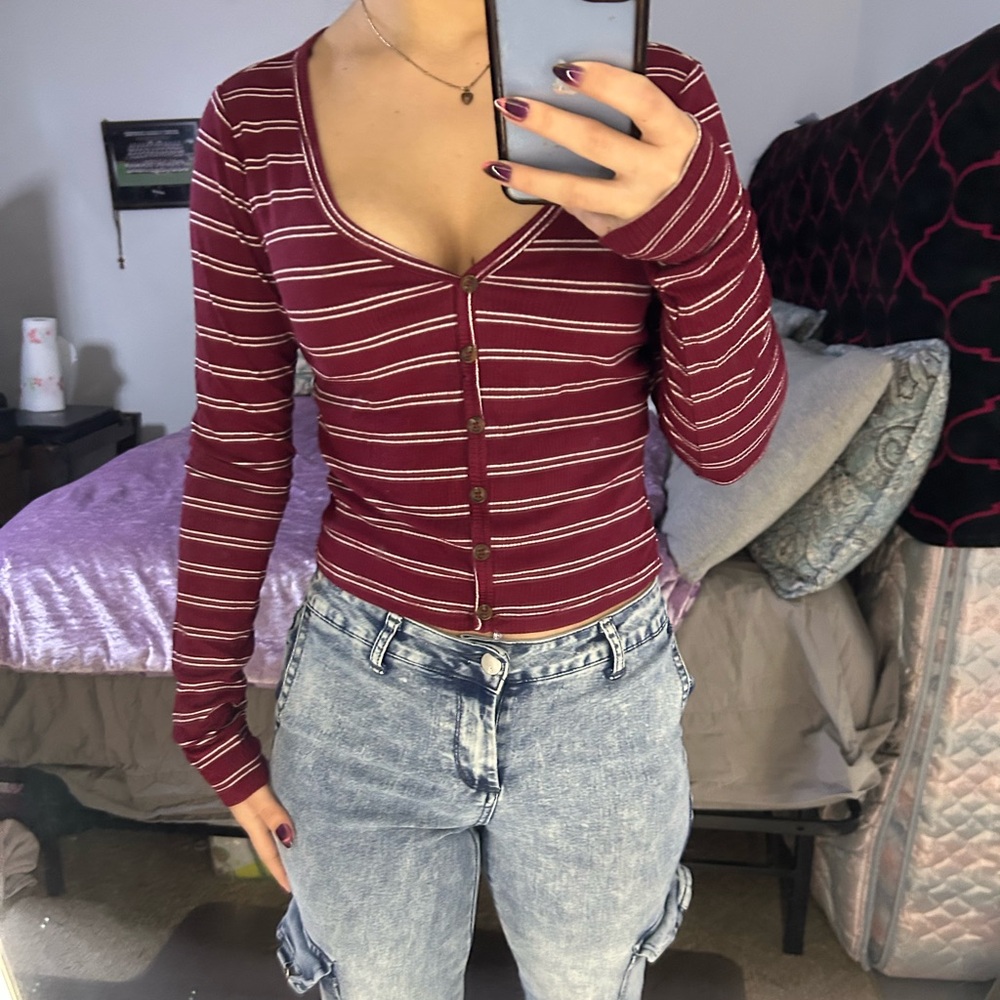 SHEIN Burgundy Striped Button-Down Shirt